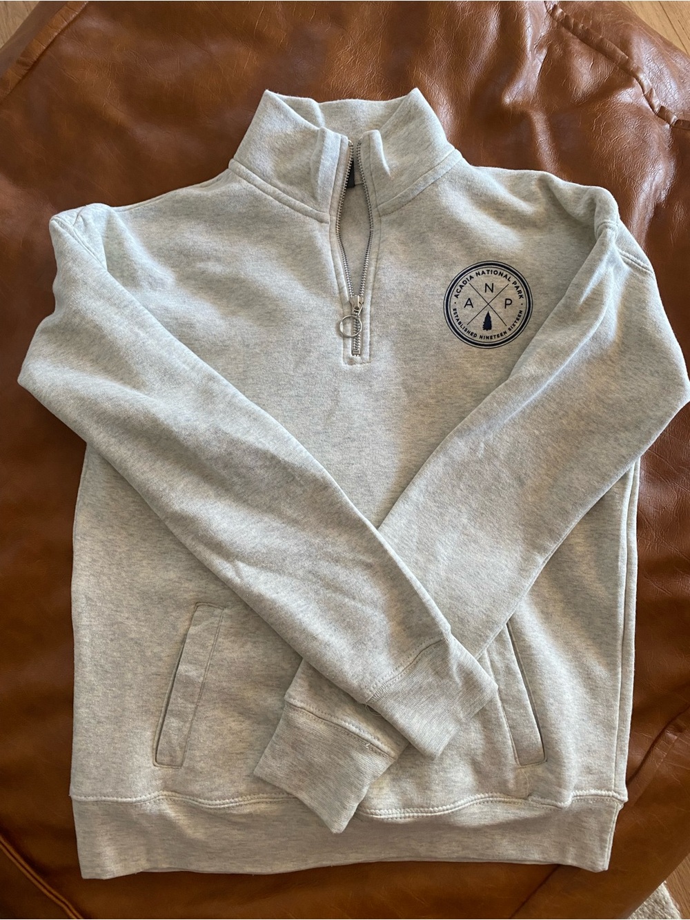 Light Gray Quarter-Zip Sweatshirt with Acadia National Park Emblem